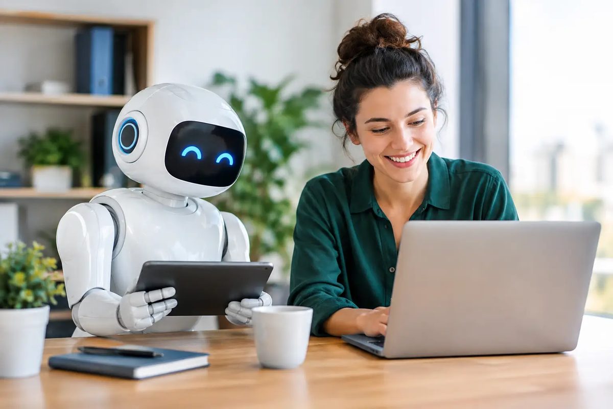 Small business owner smiling at her laptop while a friendly AI assistant robot works beside her on a tablet