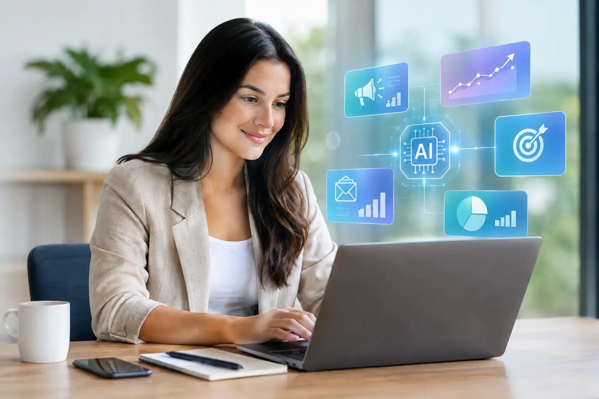 Marketer smiling at her laptop while AI-powered campaign dashboards for email, targeting, and growth analytics float beside her