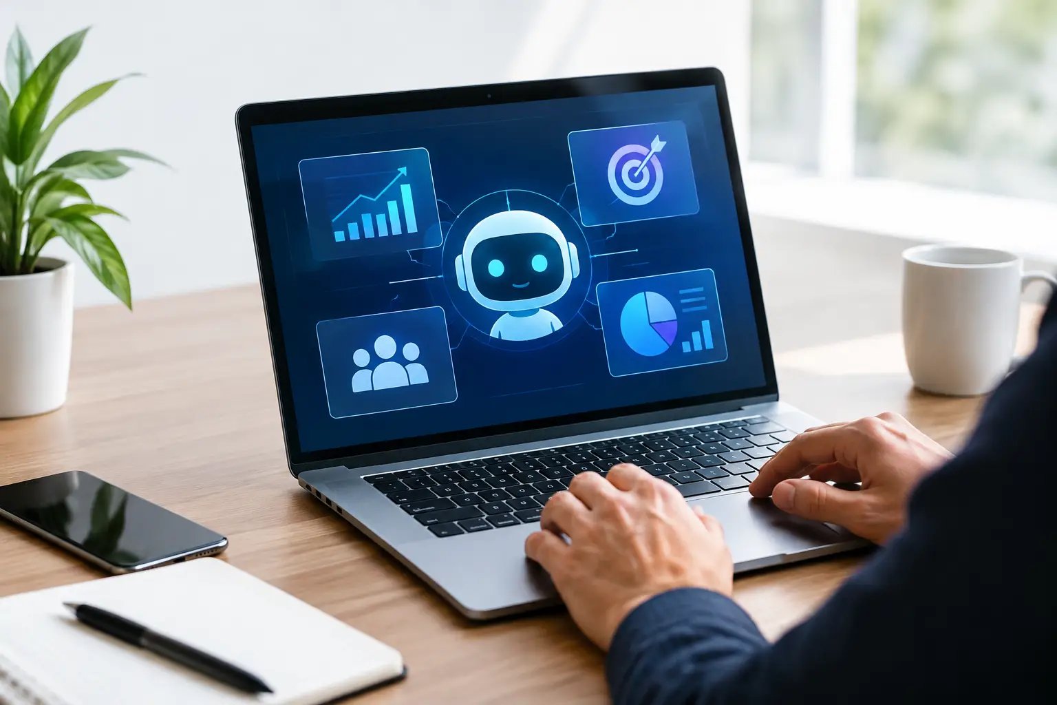 Business owner at a laptop showing an AI assistant connected to growth charts, targeting, audiences, and reporting