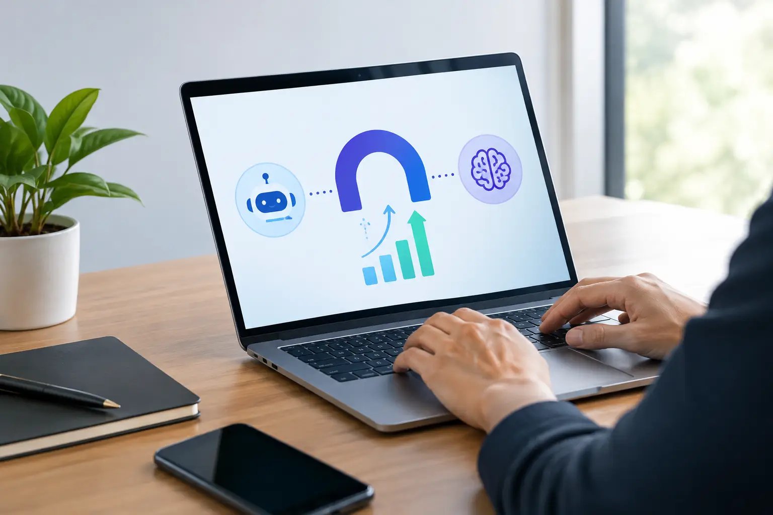 Laptop screen showing an AI assistant and a brain icon connected through an arch, with a rising growth chart beneath
