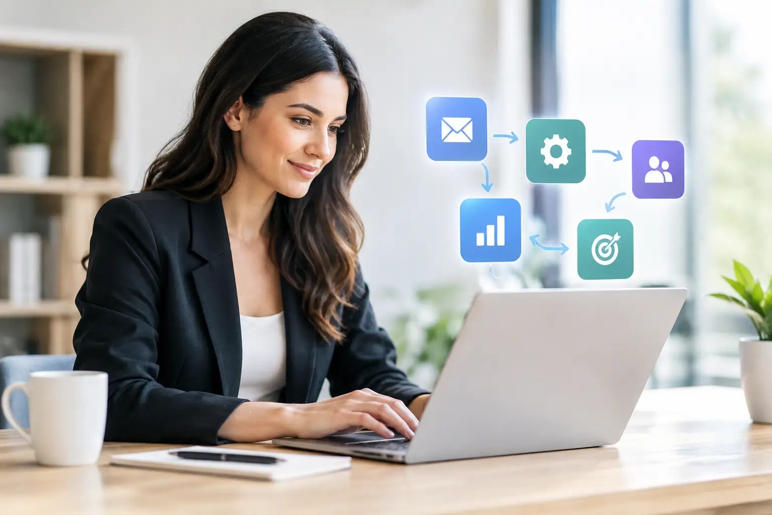 Business owner working at a laptop with a connected workflow of email, automation, contacts, reporting, and targeting icons