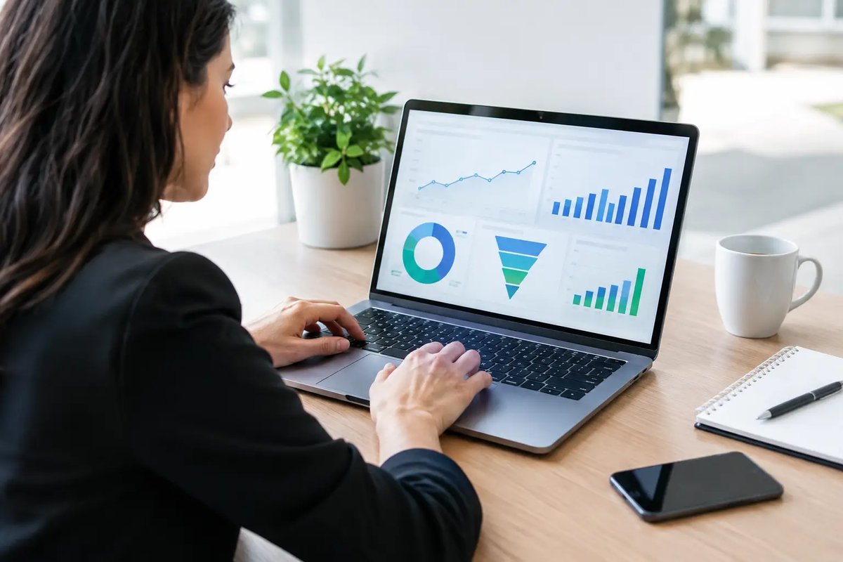 Marketing professional reviewing an automated reporting dashboard on a laptop showing a trend line, bar charts, a donut chart, and a conversion funnel