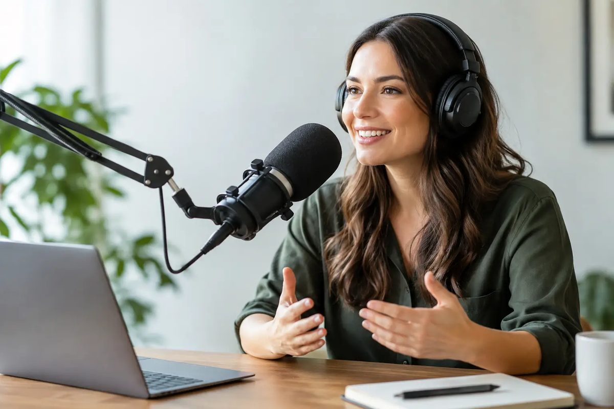 Podcast host wearing headphones speaking into a studio microphone at a desk with a laptop