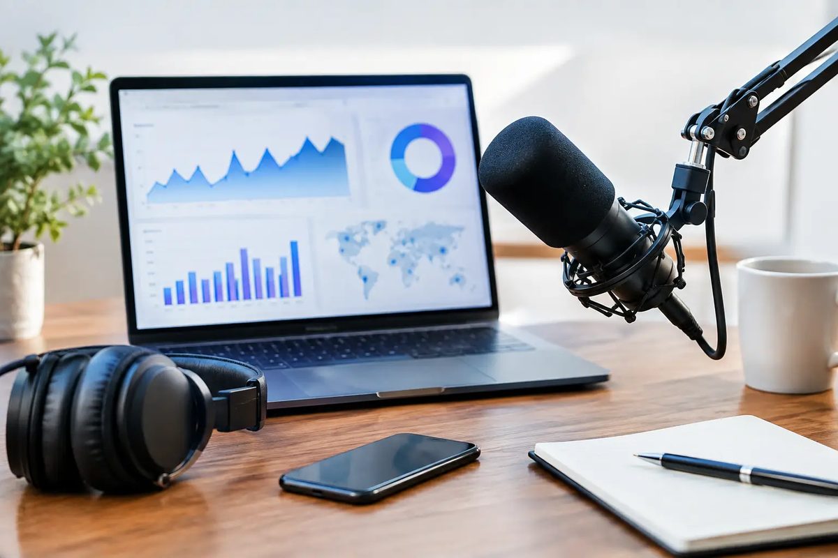 Laptop showing podcast audience analytics charts next to a studio microphone, headphones, and a notebook