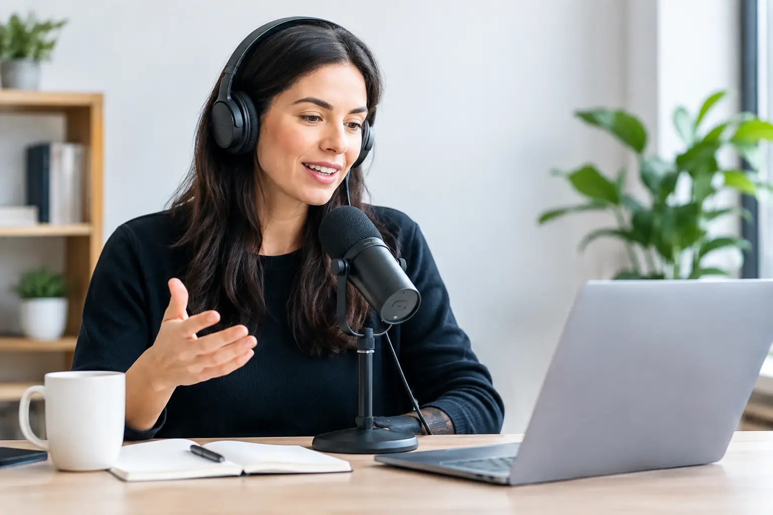 Podcast host wearing headphones speaking into a microphone at a desk with a laptop, notebook, and coffee mug
