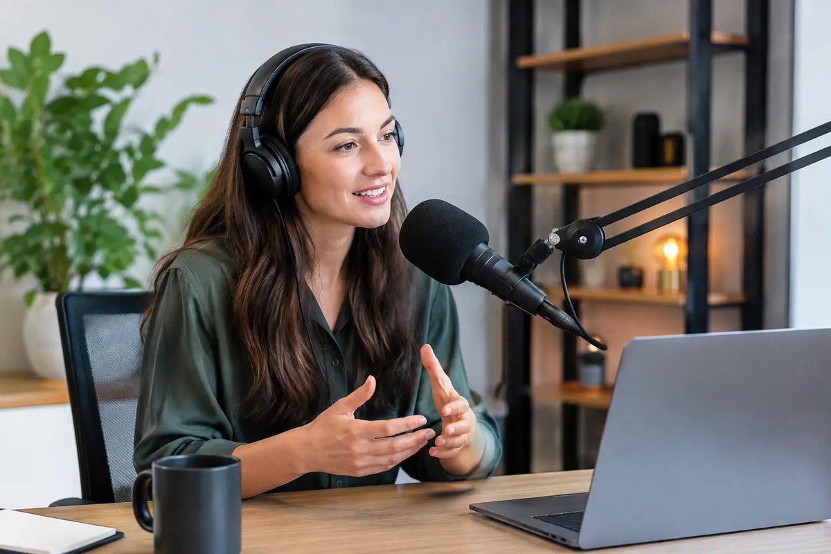 Podcast host wearing headphones speaking into a boom-mounted microphone in a home studio