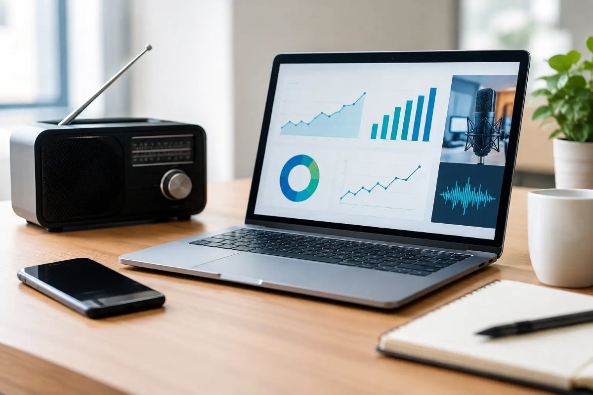 Desk with a portable radio, smartphone, and laptop showing campaign analytics charts and an audio waveform