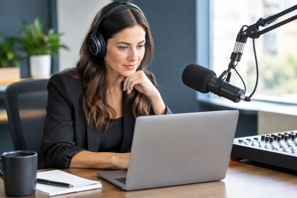Media sales professional in headphones reviewing radio spot inventory on a laptop beside a studio microphone and mixing board
