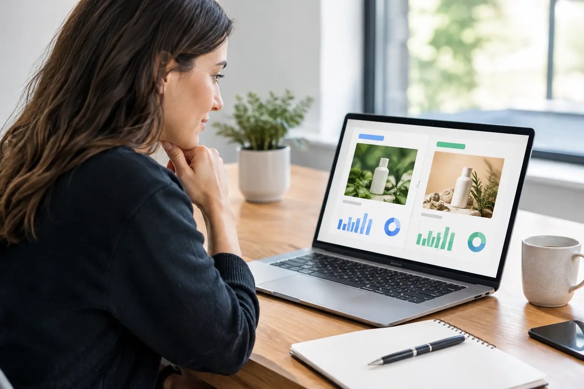 Marketer comparing two ad creative variations side by side on a laptop, each with its own performance charts