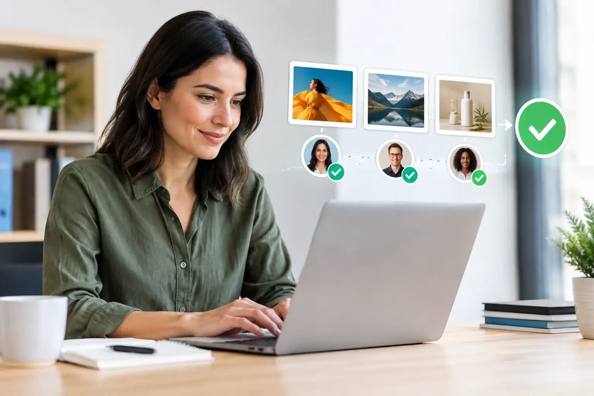 Marketing manager at a laptop reviewing creative assets as three stakeholders approve them in an automated workflow