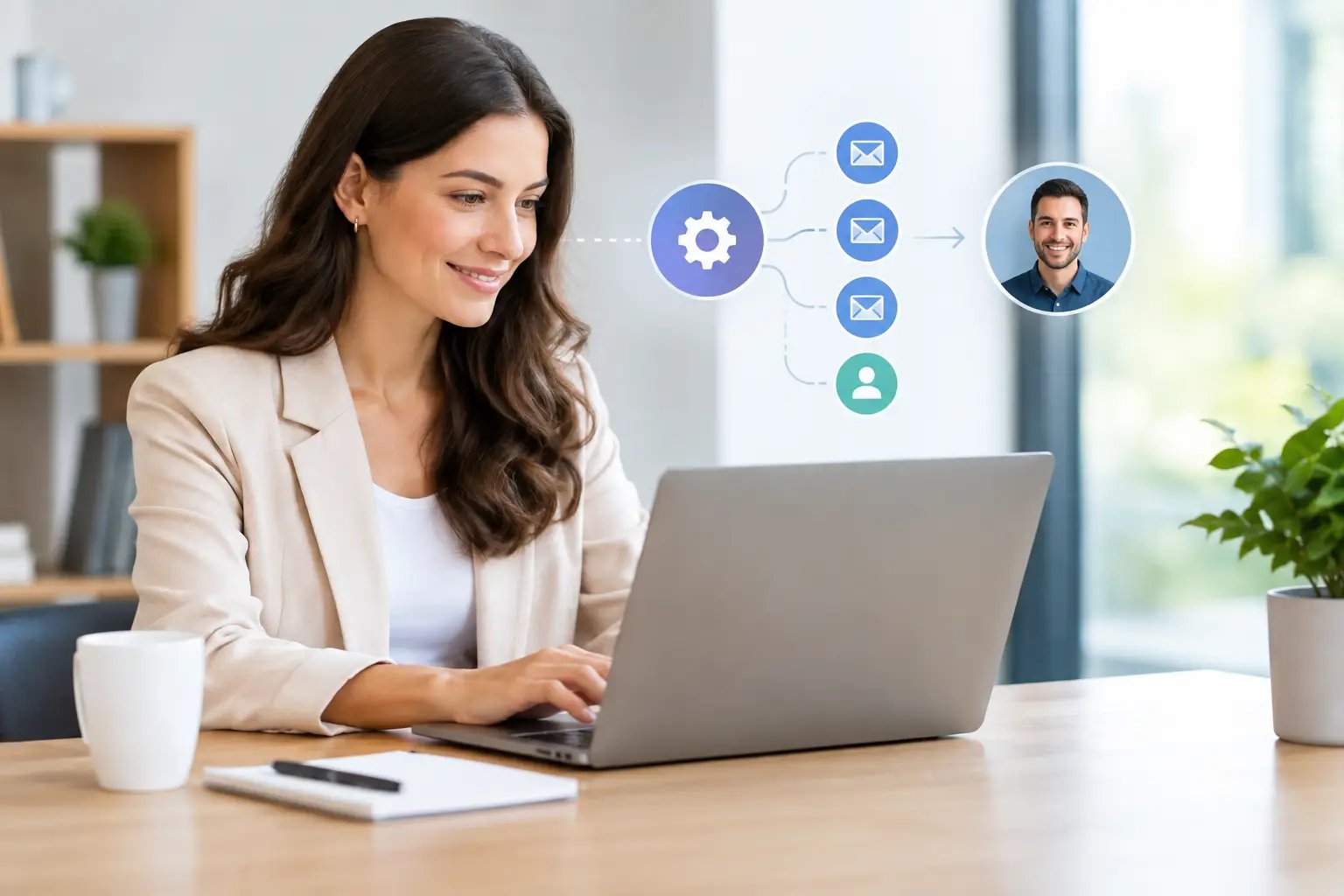 Business owner at a laptop with an automated workflow sending a sequence of followup messages to a new lead
