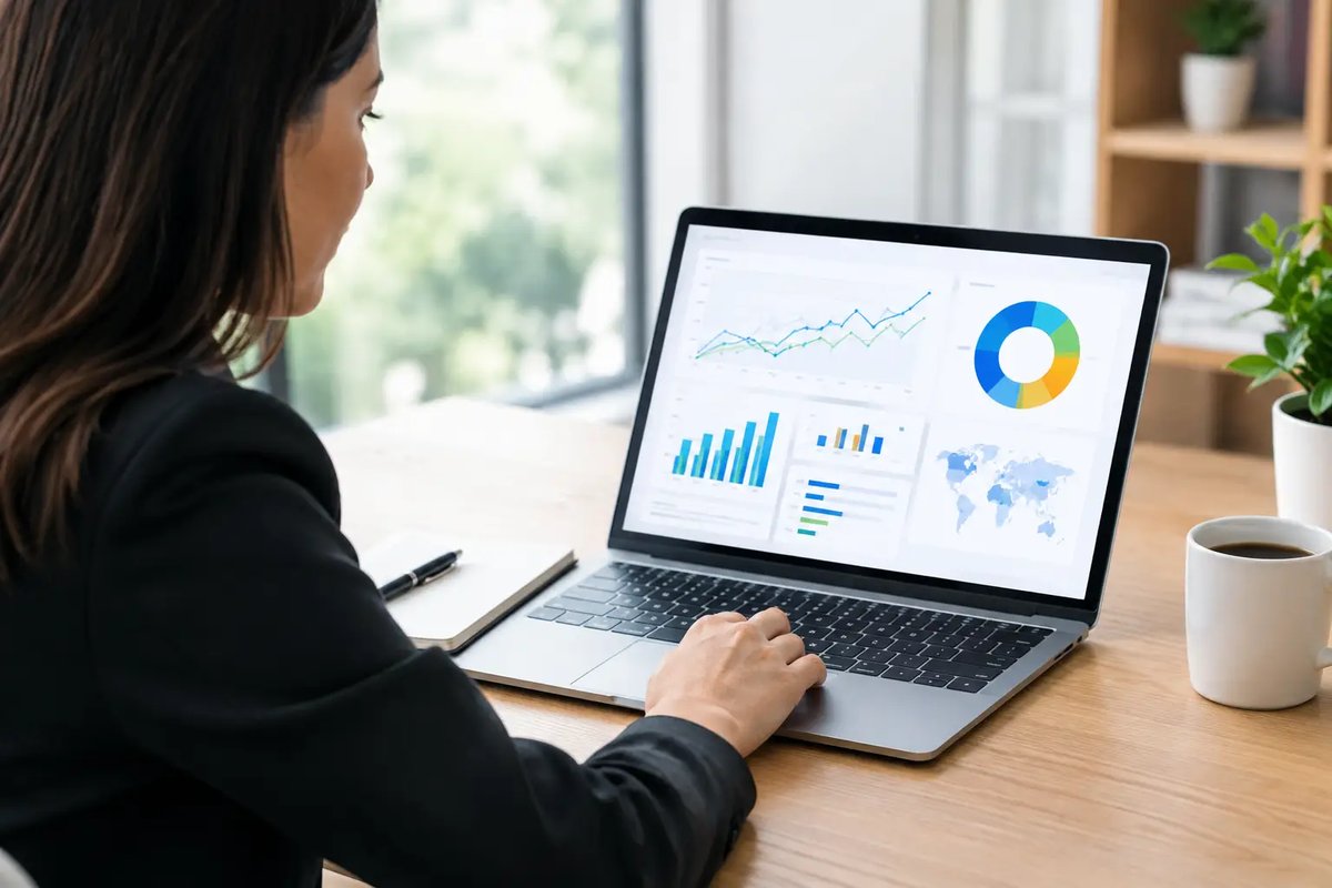 Marketing professional reviewing a client reporting dashboard with trend lines, bar charts, and a geographic map on a laptop