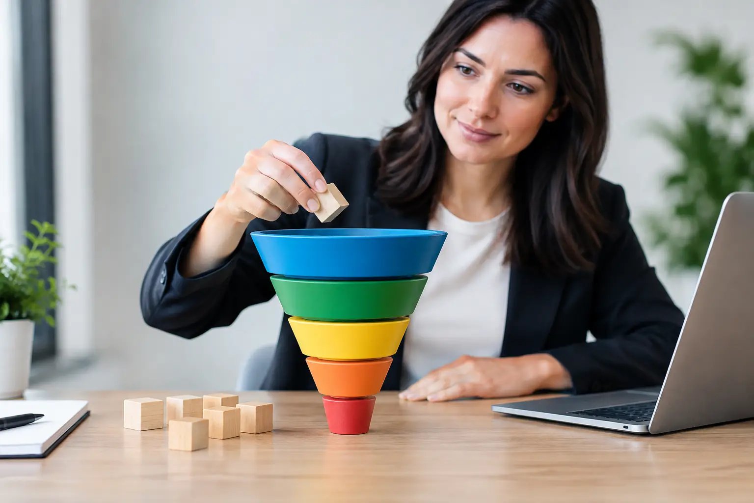 Businesswoman at a desk dropping a wooden block into a color-coded sales funnel model next to a laptop