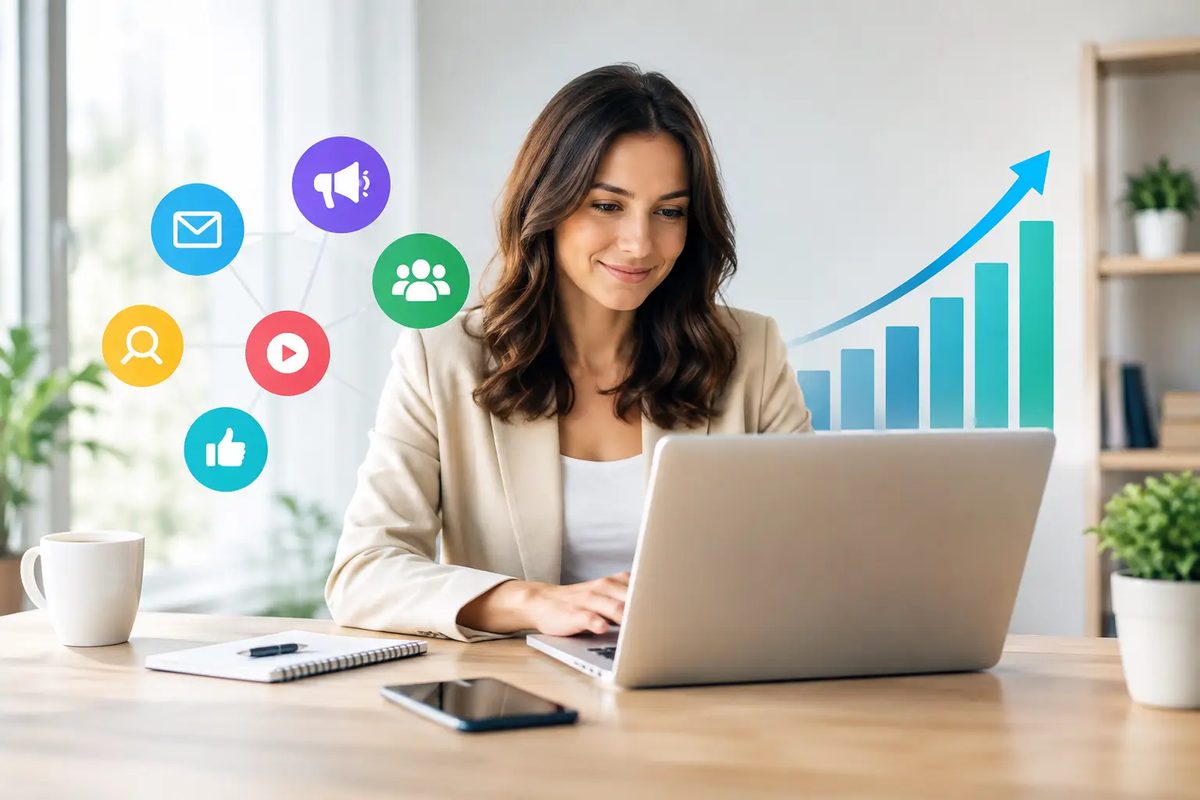 Small business owner working on a laptop with connected marketing channel icons and a rising growth chart