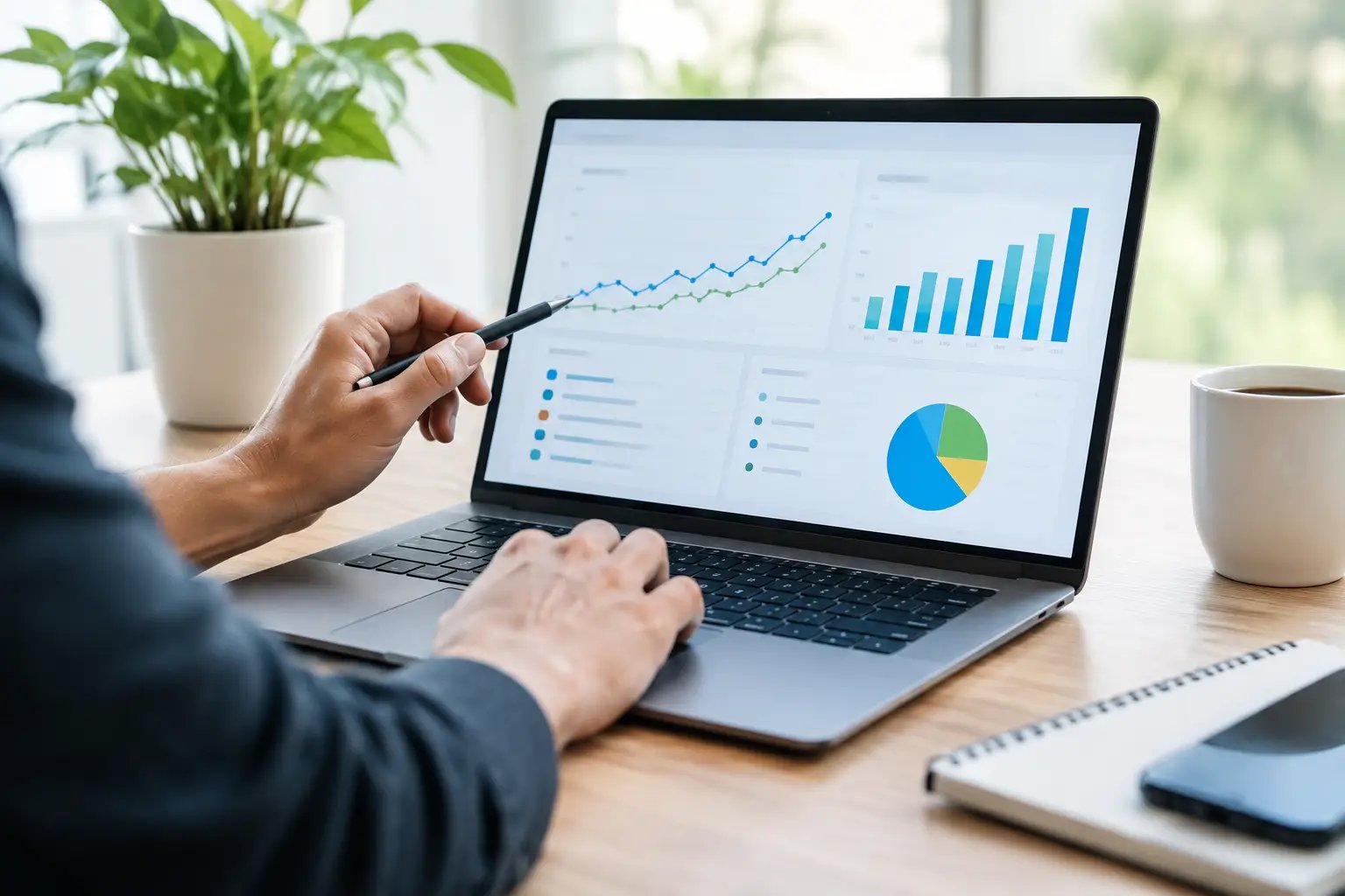 Marketer pointing a pen at a laptop dashboard with rising line charts, bar charts, and a pie chart
