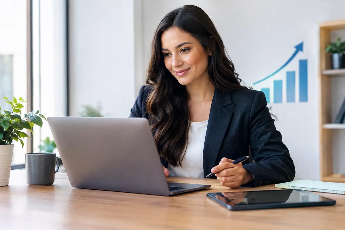 Businesswoman smiling at her laptop at a desk with a rising sales growth chart on the wall behind her