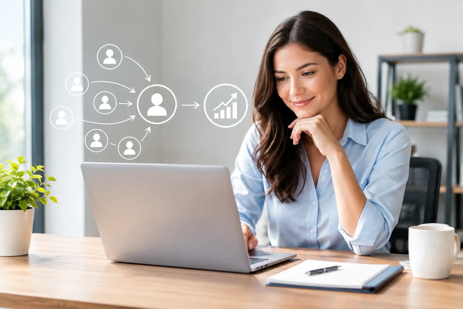 Business owner at a laptop with a diagram of prospects funneling to one contact and then to a rising growth chart