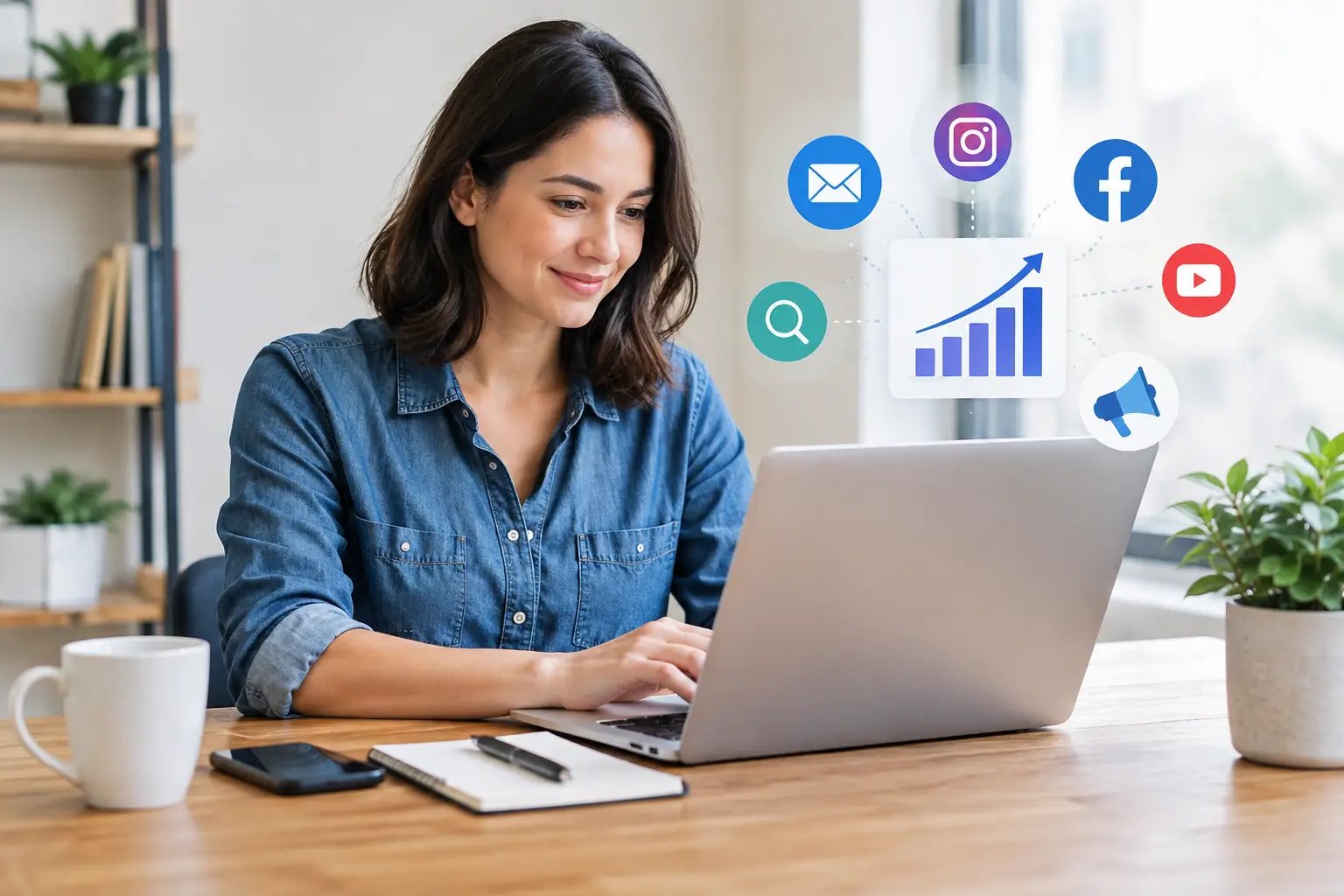 Small business owner working on a laptop surrounded by icons for email, search, social media, video, and a rising growth chart