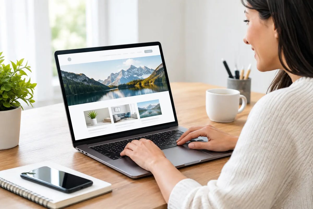 Small business owner reviewing a clean, custom-designed website on her laptop at a bright home-office desk