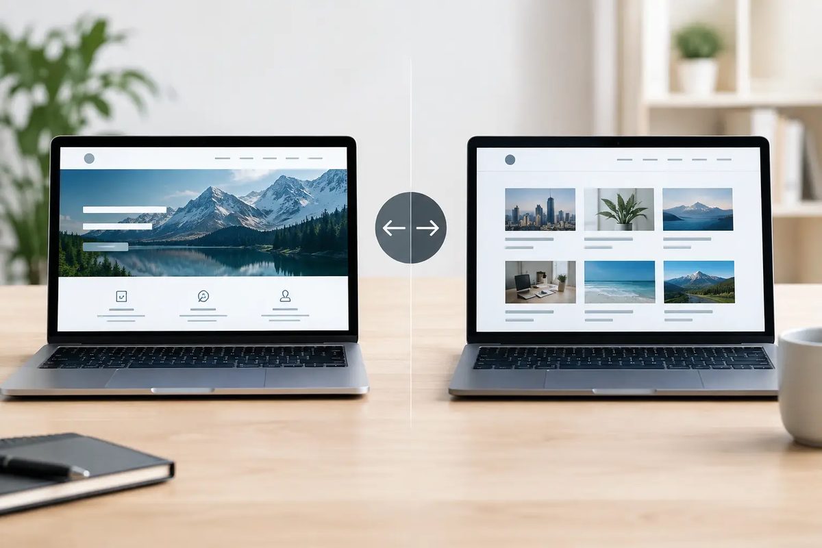 Two laptops side by side on a desk, one showing a custom-designed website with a hero image and the other showing a generic grid-style template website