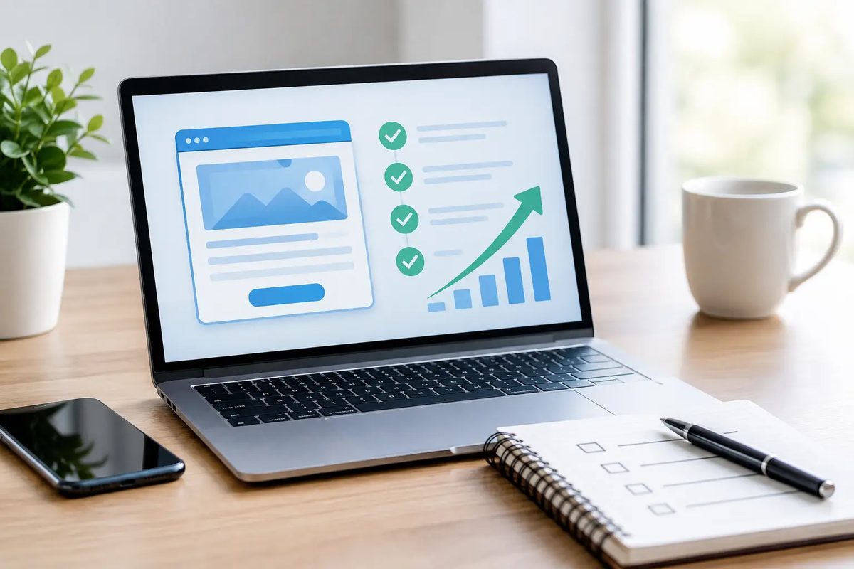 Laptop showing a landing page beside a conversion checklist and rising growth chart on a bright desk