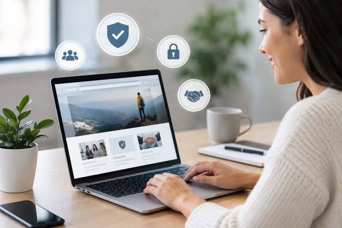 Woman reviewing a small business website on a laptop with trust icons for security, team, and partnership floating above the screen
