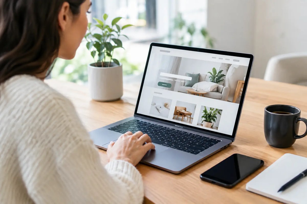 Small business owner reviewing a clean, conversion-focused website homepage on a laptop at a wooden desk