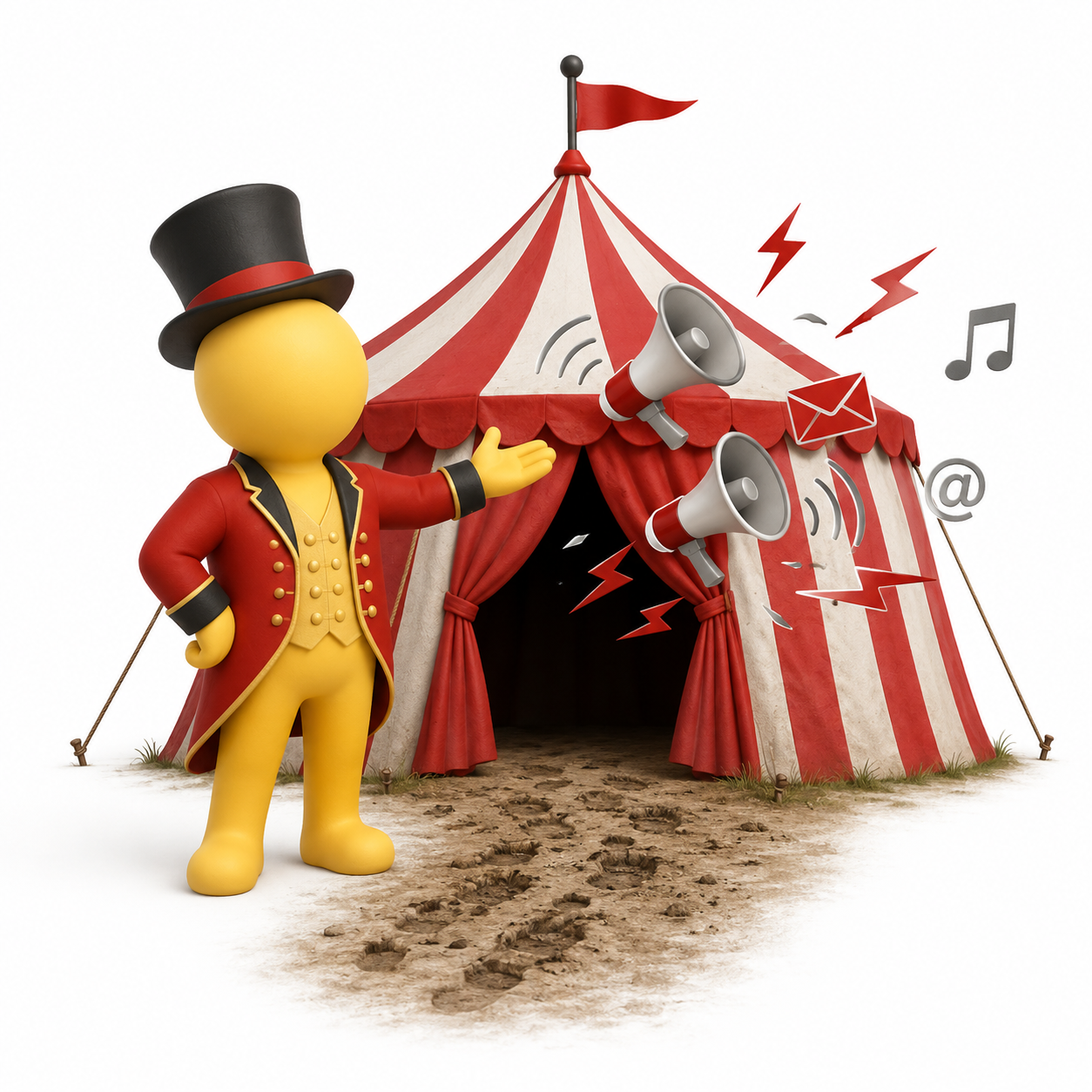 A ringmaster in a top hat presenting a red and white circus tent with megaphones