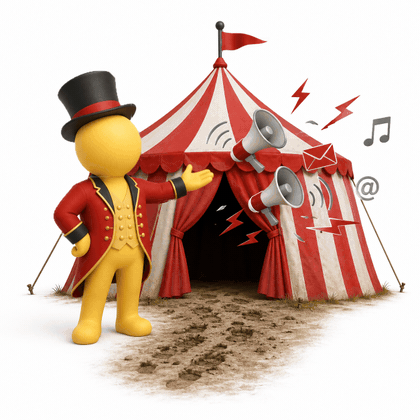 A ringmaster in a top hat presenting a red and white circus tent with megaphones