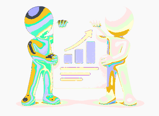 Two figures holding a report with a rising chart