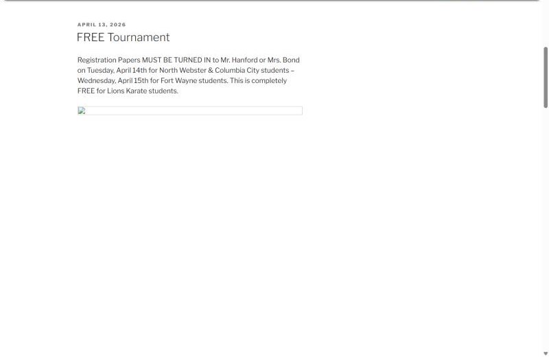 Lions Karate old home page, scrolled to the blog feed